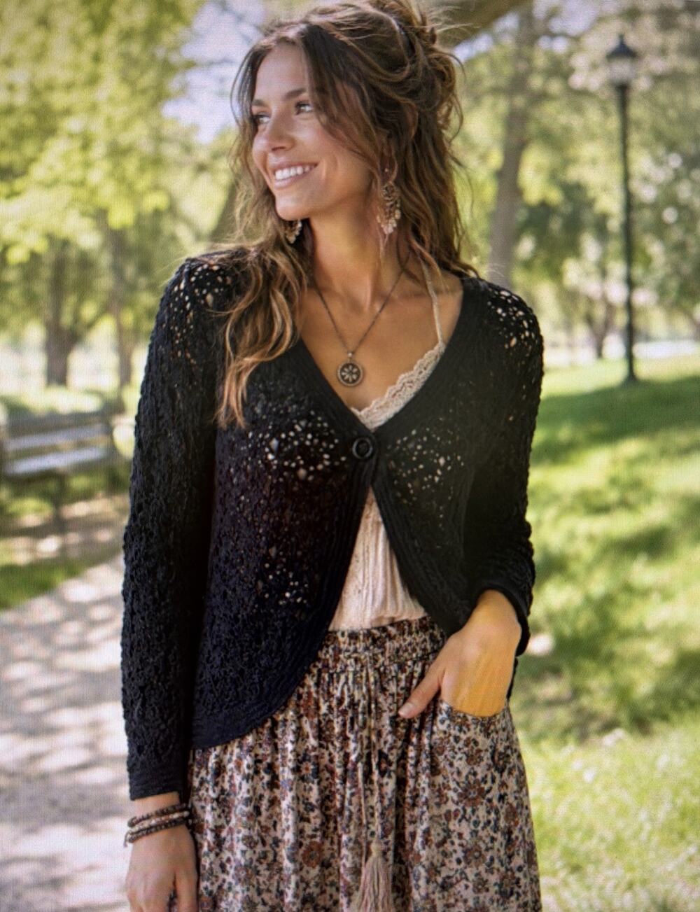 Talbots Women’s Cardigan Medium hand knit sweater Black vintage bohemian granny